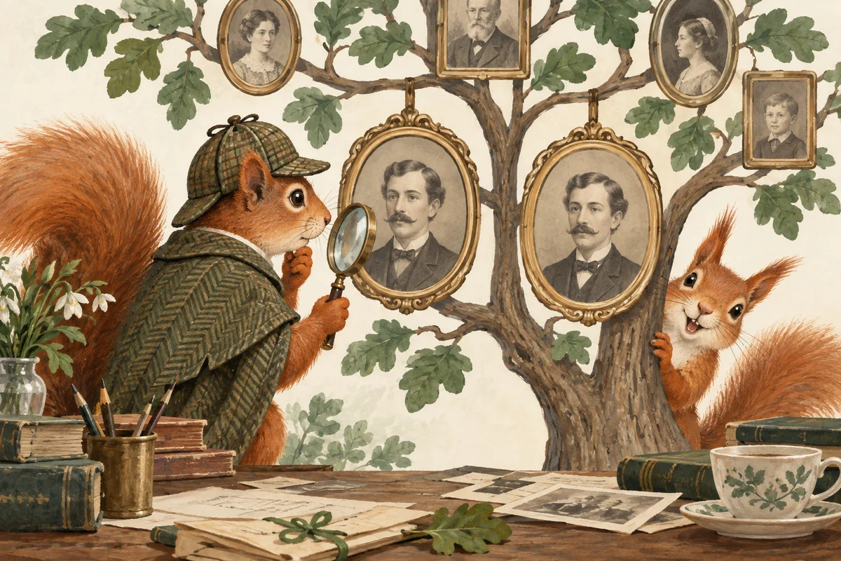 A detective squirrel examines two identical old portrait frames on a family tree while a third squirrel photobombs.